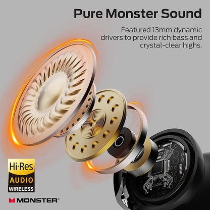 Monster Open Ear AC228 Wireless Headphones, Clip-On Earbuds, Adaptive Comfort, Immersive Audio, Bluetooth 6.0 Open Ear Earphones with ENC Clear Call, 30H Playtime, IPX5 Water Resistant, Black
