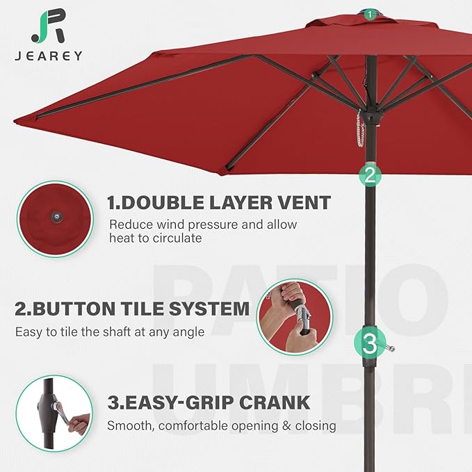 JEAREY 7.5FT Patio Umbrellas Outdoor Umbrella Table Market Umbrella with 6 Ribs,Tilt Button for Pool Deck Backyard Garden,Red