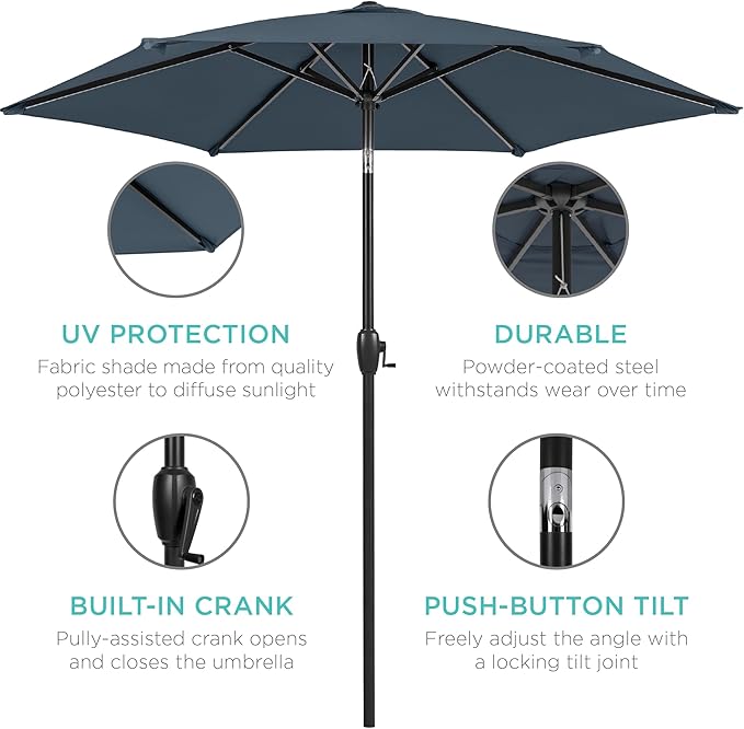 Best Choice Products 7.5ft Heavy-Duty Round Outdoor Market Table Patio Umbrella w/Steel Pole, Push Button Tilt, Easy Crank Lift - Slate Blue
