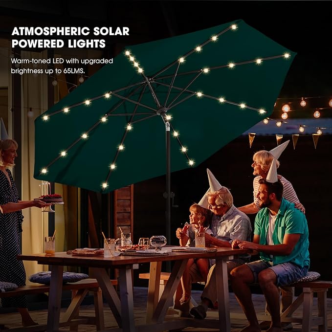 wikiwiki 9ft Solar Led Patio Umbrella, Sturdy Outdoor Market Umbrella for Deck, Pool, Garden w/Tilt, Crank, 32 LED Lights, Dark Green