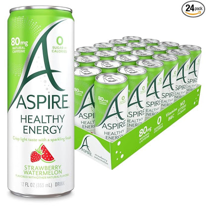 ASPIRE® Strawberry Watermelon Healthy Energy Drinks Variety 24 Pack - Sugar Free, Natural Caffeine Low Caffeine Sparkling Drink - Keto Friendly - Refreshing Sparkling Boost
