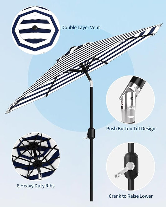 9FT Patio Umbrella Outdoor, Market Umbrella, Table Umbrella with Push Button Tilt and Crank, 8 Sturdy Ribs UV Protection Waterproof for Garden, Pool, Deck, Backyard (Light-blue-and-white striped)