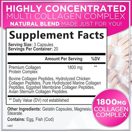 Collagen Peptides Powder Capsules for Women, 1800mg Hydrolyzed Collagen Type I, II, III, V & X, Hair, Nail, Skin, Bone & Joint Support, Collagen for Women & Men, Grass-Fed Collagen - 60 Capsules