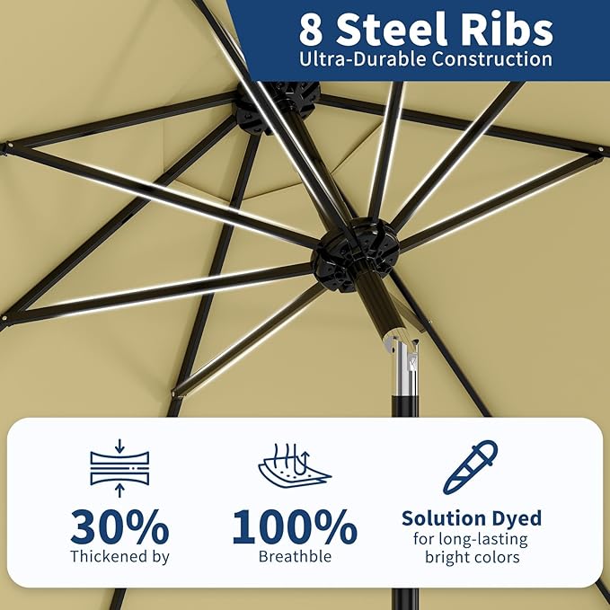 10Ft Patio Umbrella - 8 Sturdy Ribs Outdoor Table Umbrella with Crank Lift & Push Button Tilt - Market Umbrella for Pool, Deck, Yard, Garden -Beige