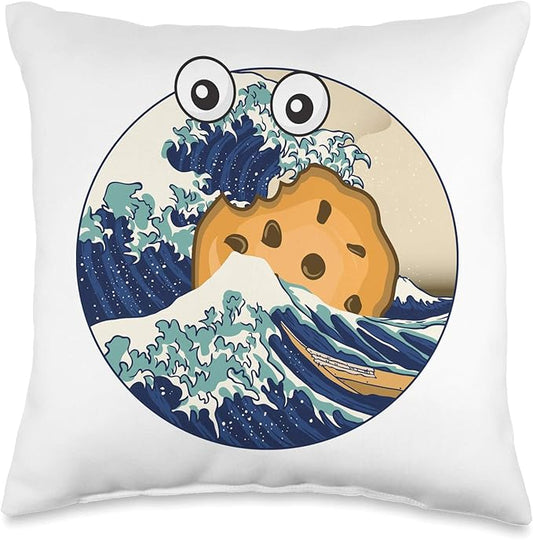 Funy Kanagawa Great Wave Monster eating cookie parody Throw Pillow