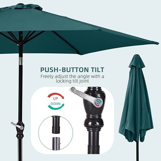 9FT Outdoor Patio Umbrella with Push Button Tilt and Crank, Beach Umbrella for Sun Shades, Market Umbrella with 6 Sturdy Metal Ribs, UV Resistant Waterproof for Garden, Backyard, Deck, Pool