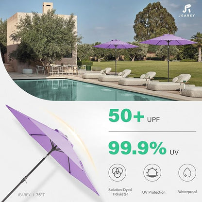 JEAREY 7.5FT Patio Umbrella Market Table Umbrella with 6 Sturdy Ribs, Push Button Tilt/Crank Outdoor Umbrella for Garden, Deck, Backyard, Pool and Porch,Taro Purple