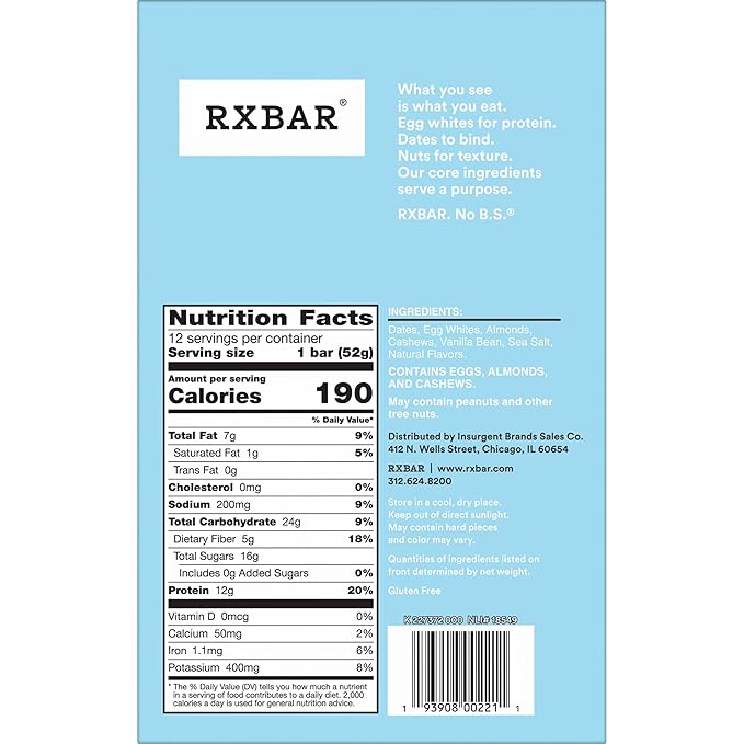 RXBAR Protein Bar, Vanilla Almond, 12g Protein