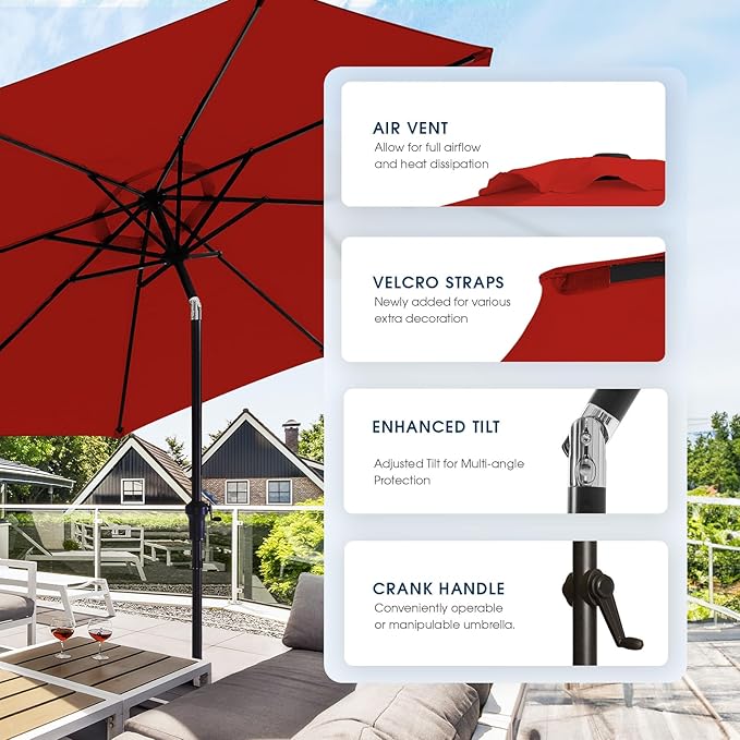 wikiwiki 9 FT Patio Umbrellas Outdoor Table Market Umbrella with Push Button Tilt/Crank, 8 Sturdy Ribs, Fade Resistant Waterproof POLYESTER DTY Canopy for Garden, Lawn, Deck, Backyard & Pool, Red