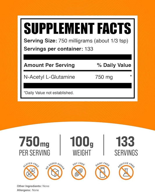 BulkSupplements.com N-Acetyl L-Glutamine Powder - Glutamine Supplement, L Glutamine Powder, Gut Health & Recovery - Gluten Free, 750mg per Serving, 100g (3.5 oz) (Pack of 1)
