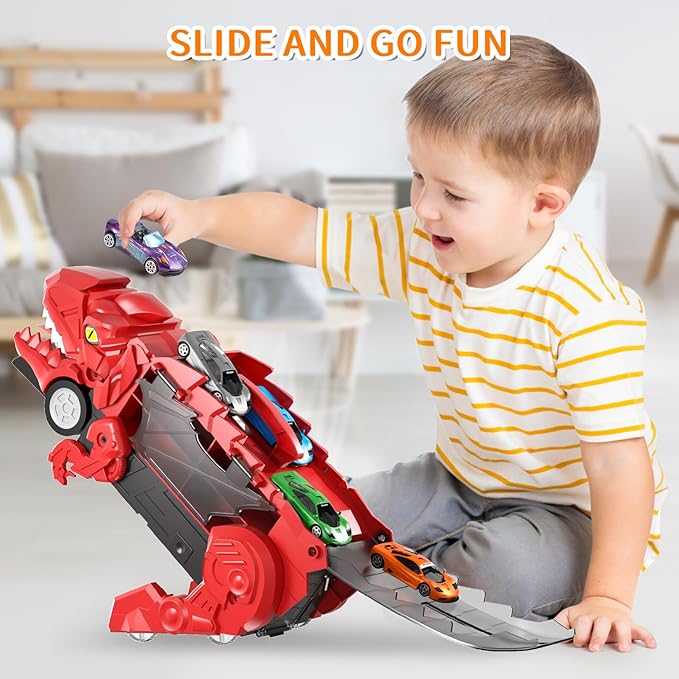 Dinosaur Transport Truck Toys - 9-in-1 Car Carrier & Track Set with 8 Mini Cars, Dino Monster Truck for Kids 3-12, Push & Pull Toy, Race & Storage Gift for Boys Girls (Red)