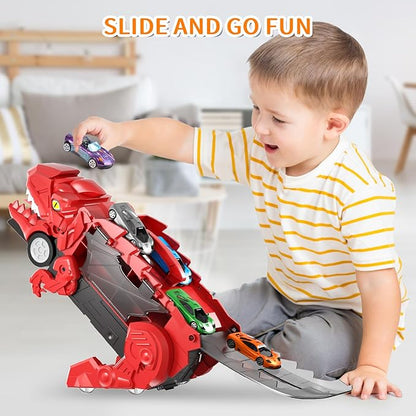 Dinosaur Transport Truck Toys - 9-in-1 Car Carrier & Track Set with 8 Mini Cars, Dino Monster Truck for Kids 3-12, Push & Pull Toy, Race & Storage Gift for Boys Girls (Red)