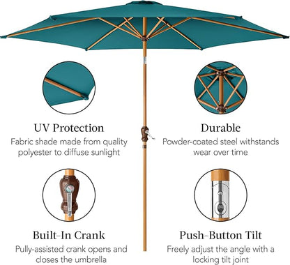 Best Choice Products 10ft Market Umbrella, Outdoor Sun Shade for Backyard, Deck, Poolside, Table w/Woodgrain Pattern, Easy Tilt & Crank - Cerulean