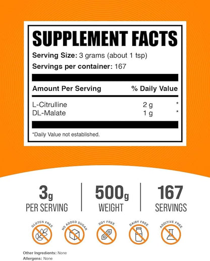 BulkSupplements.com L-Citrulline Malate 2:1 Powder - L Citrulline Malate Supplement, Citrulline Malate Powder - Unflavored & Gluten Free - 3g per Servings, 500g (1.1 lbs) (Pack of 1)