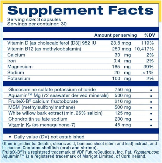 Glucosamine, Chondroitin, MSM, and FruiteX-B Joint Support Supplement for Joint Relief, Health & Comfort Perfect for achy Knees and Hands. 30 Servings