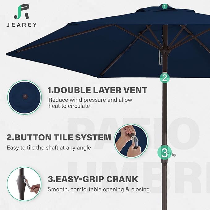 JEAREY 7.5FT Patio Umbrellas Outdoor Table Umbrella Market Umbrella with 6 Ribs/Tilt Button for Pool Deck Backyard Garden,Dark Blue