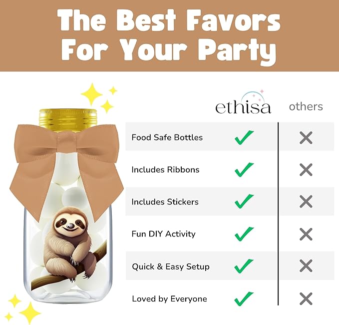 Small 12 Pack Sloth Party Favors - DIY Candy Jars with Ribbons and Stickers - Party Decoration Bottles for Birthday, School Classroom and Baby Shower - Sloth Table Centerpiece Gifts for Kids