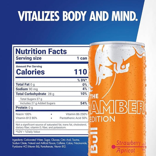 Red Bull Amber Edition Energy Drink, Strawberry Apricot, with 80mg Caffeine plus Taurine & B Vitamins, 8.4 Fl Oz, 6 Packs of 4 Cans (Pack of 24)