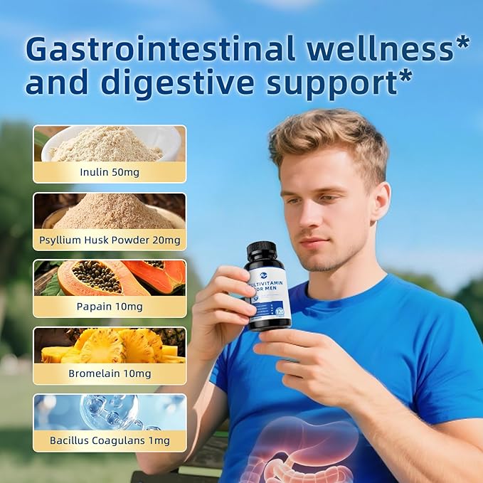 Multivitamin for Men - Daily Mens Multivitamins with Vitamin D, Zinc, Methylcobalamin B12, Folic Acid, Lycopene and Prebiotics for Men's Wellness, Immune Support, Energy and Vitality, 120 Capsules