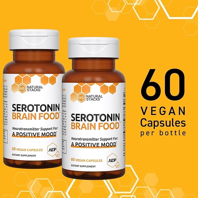 NATURAL STACKS Serotonin Brain Food - L-Tryptophan & Rhodiola Rosea - Mood Support Supplement - Promotes Positive Mood, Calmness, Stress Relief - Brain Support Supplement - 120 Capsules