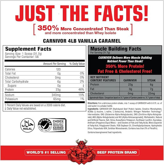 MuscleMeds Carnivor Shred Fat Burning Hydrolized Beef Protein Isolate, 0 Lactose, 0 Sugar, 0 Fat, Halal Certified, Vanilla Caramel, 4 Pound, 56 Servings