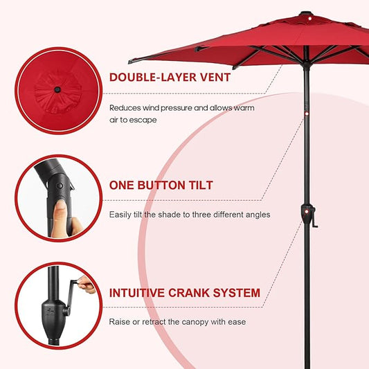 Abba Patio 7.5FT Lyon Outdoor Patio Umbrella Outdoor Table Umbrella with Push Button Tilt and Crank Market Umbrella 6 Sturdy Ribs UV Protection Waterproof for Garden Deck Backyard Pool Dark Red
