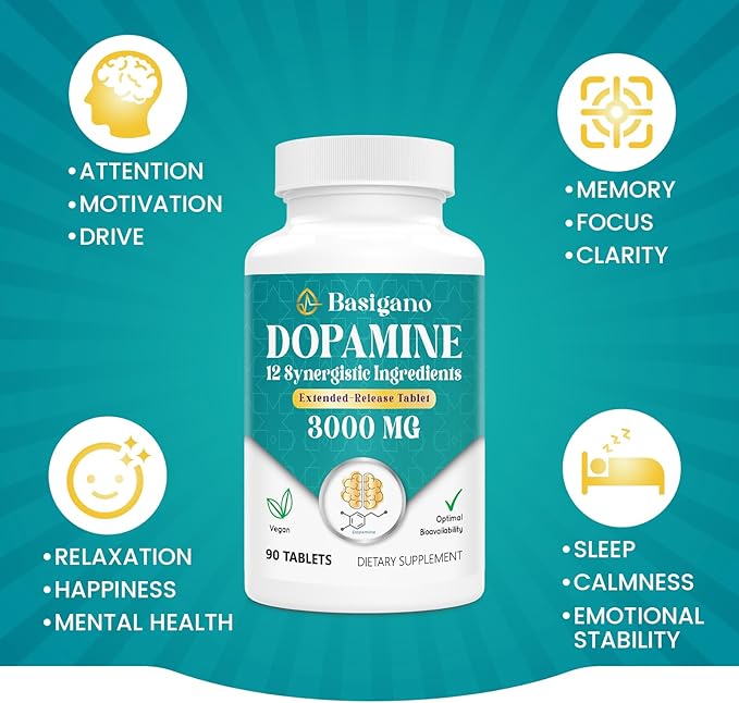 Natural Dopamine Supplement for Energy, Focus, Motivation, Mental Alertness, Mood, and Stress - Non-GMO, Gluten-Free - 90 Tablets