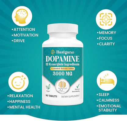 Natural Dopamine Supplement for Energy, Focus, Motivation, Mental Alertness, Mood, and Stress - Non-GMO, Gluten-Free - 90 Tablets