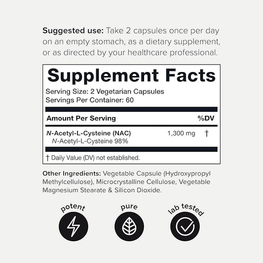 Toniiq 1300mg NAC - 2 Month Supply - Min. 98%+ Tested Purity - Ultra High Strength Bioavailable NAC Cysteine Supplement - 120 Vegetarian N Acetyl Cysteine Capsules -Lab Tested TQ
