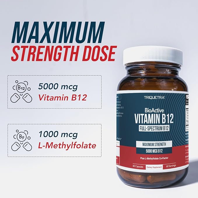 BioActive Vitamin B12 - 5000 mcg, Contains 3 BioActive Forms B12 Plus Methylfolate Cofactor - Methyl B12, Adenosyl B12 & Hydroxy B12 | Supports Energy, Metabolism & Mood | Vegan, Non-GMO (60 Servings)