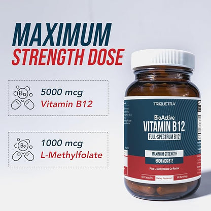 BioActive Vitamin B12 - 5000 mcg, Contains 3 BioActive Forms B12 Plus Methylfolate Cofactor - Methyl B12, Adenosyl B12 & Hydroxy B12 | Supports Energy, Metabolism & Mood | Vegan, Non-GMO (60 Servings)