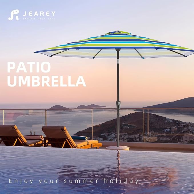 JEAREY 9FT Outdoor Patio Umbrella Outdoor Table Umbrella with Push Button Tilt and Crank, Market Umbrella 8 Sturdy Ribs UV Protection Waterproof for Garden, Deck, Backyard, Pool (Blue-Green Stripe)