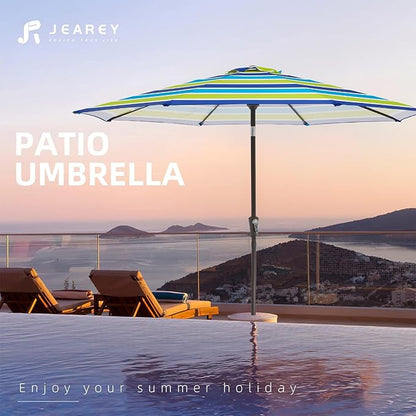 JEAREY 9FT Outdoor Patio Umbrella Outdoor Table Umbrella with Push Button Tilt and Crank, Market Umbrella 8 Sturdy Ribs UV Protection Waterproof for Garden, Deck, Backyard, Pool (Blue-Green Stripe)