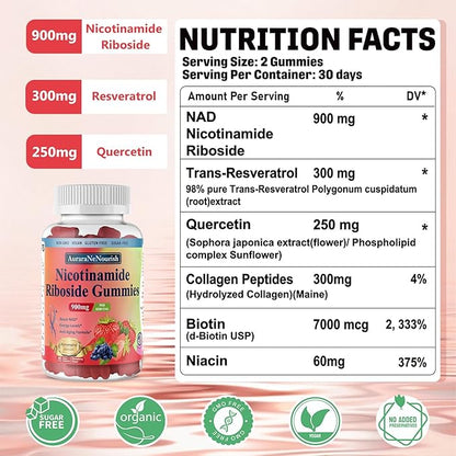 2 Pack NAD Resveratrol Supplement, Sugar Free Nicotinamide Riboside 900mg Gummies with Quercetin, Collagen, Vitamin Support Anti Aging, Cell Regeneration, Energy Boost, Skin Improvement for Women Men