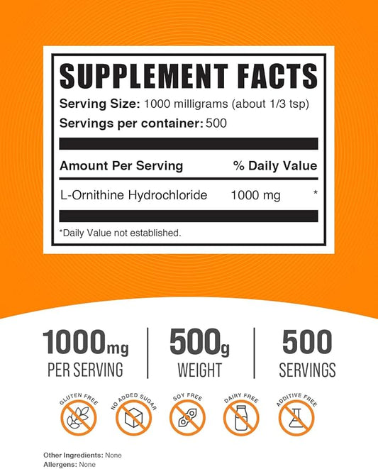 BulkSupplements.com L-Ornithine HCl Powder - L-Ornithine Hydrochloride, Ornithine Supplement - Amino Acids Supplement, Gluten Free, 1000mg per Serving, 500g (1.1 lbs) (Pack of 1)
