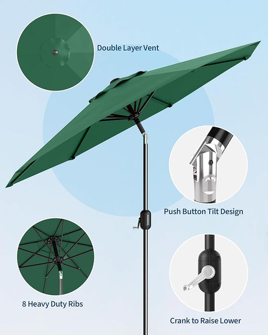 10FT Patio Umbrella Outdoor, Market Umbrella, Table Umbrella with Push Button Tilt and Crank, 8 Sturdy Ribs UV Protection Waterproof for Garden, Pool, Deck, Backyard (Dark Green)