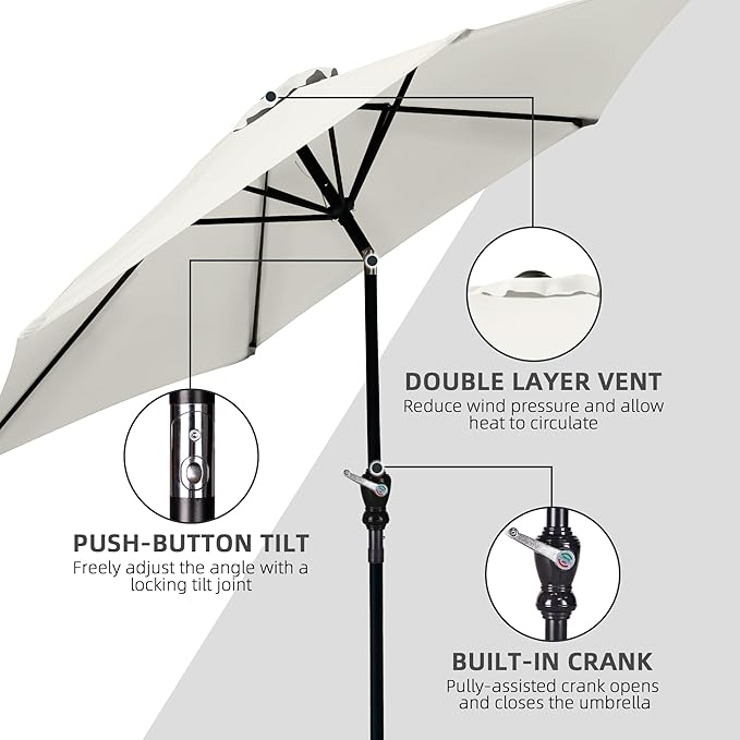 9FT Outdoor Patio Umbrella with Push Button Tilt and Crank, Beach Umbrella for Sun Shades, Market Umbrella with 6 Sturdy Metal Ribs, UV Resistant Waterproof for Garden, Backyard, Deck, Pool