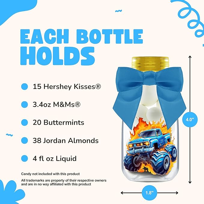 Small 12 Pack Monster Truck Party Favors - DIY Candy Jars with Ribbons and Stickers - Party Decoration Bottles for Birthday, School Classroom, and Baby Shower - Kids Car Table Centerpieces