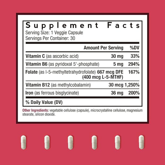 Doctor's Recipes Iron Supplement for Women Men - Gentle Iron Bisglycinate with Vitamin C, B6, Folate & B12 - Non-Constipating & Stomach Friendly Iron Pills for Blood & Energy Support, 30 Vegan Caps