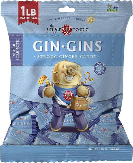 GIN GINS Super Strength – Natural Ginger Candy by The Ginger People – Individually Wrapped Healthy Candy – Super Strength Flavor – Large 1 lb Bag (16oz) – Pack of 1