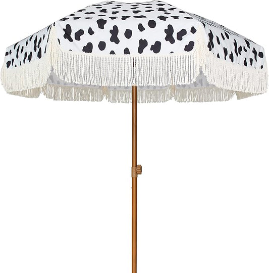 AMMSUN 7ft Patio Umbrella with Fringe Outdoor Tassel Umbrella UPF50+ Premium Steel Pole and Ribs Push Button Tilt, Cow Polka Dots