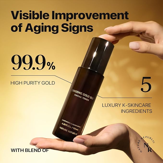 Nature Republic Ginseng Gold Silk Facial Toner, Hydrating Glow Toner for face, Niacinamide & Silk Amino Acid, Royal Jelly Extract, Korean Skin Care for All Skin Types 130 ml / 4.39 Fl. oz.