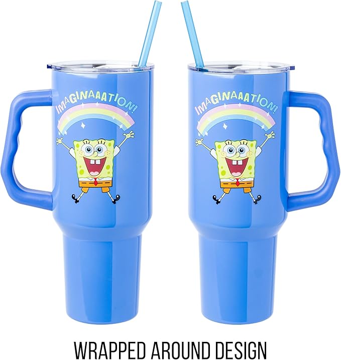 Silver Buffalo SpongeBob SquarePants “Imaginaaation!” Stainless Steel Tumbler with Handle, Fits in Standard Cup Holder, 40 Ounces