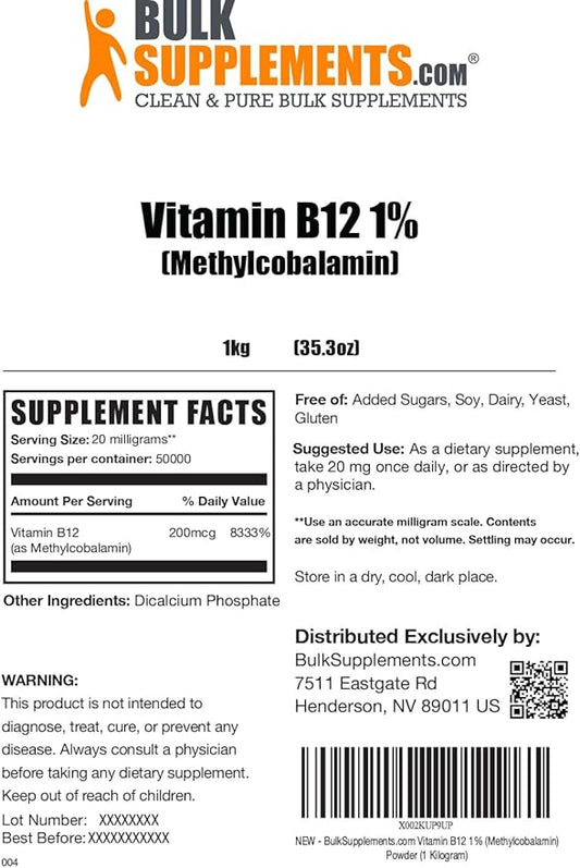 BulkSupplements.com Vitamin B12 1% Methylcobalamin Powder (5 Kilograms - 11 lbs)