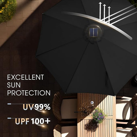 wikiwiki 9ft Solar Led Patio Umbrella, Sturdy Outdoor Market Umbrella for Deck, Pool, Garden w/Tilt, Crank, 32 LED Lights, Black