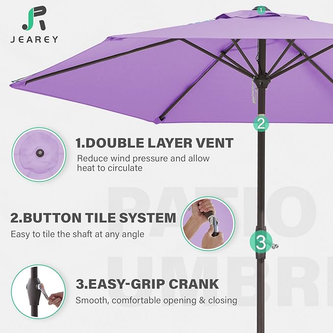 JEAREY 7.5FT Patio Umbrella Market Table Umbrella with 6 Sturdy Ribs, Push Button Tilt/Crank Outdoor Umbrella for Garden, Deck, Backyard, Pool and Porch,Taro Purple