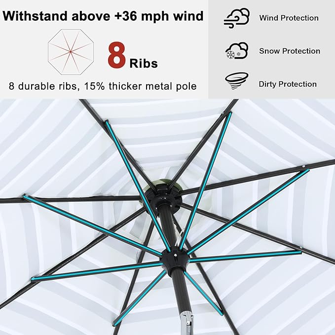 ABCCANOPY 9FT Patio Umbrella - Outdoor Waterproof Table Umbrella with Push Button Tilt and Crank, 8 Ribs UV Protection Pool Umbrella for Garden, Lawn, Deck & Backyard (Green Stripes)