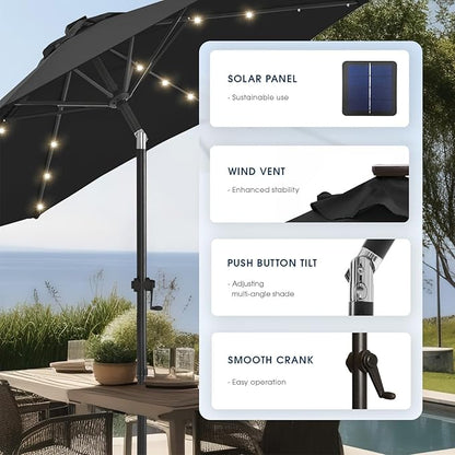 wikiwiki 9ft Solar Led Patio Umbrella, Sturdy Outdoor Market Umbrella for Deck, Pool, Garden w/Tilt, Crank, 32 LED Lights, Black