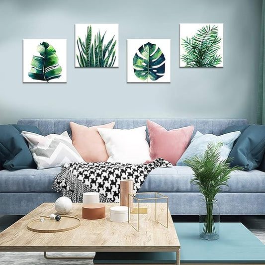 Boho Tropical Wall Art Bathroom Decor Green Plant Pictures Wall Decor for Living Room Minimalist Botanical Leaf Canvas Artworks Kitchen Sage Monstera Framed Poster Bedroom Home Decorations 12x12" 4Pcs
