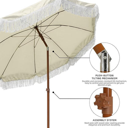 AMMSUN 7ft Patio Umbrella with Fringe Outdoor Tassel Umbrella UPF50+ Premium Steel Pole and Ribs Push Button Tilt, Light Beige